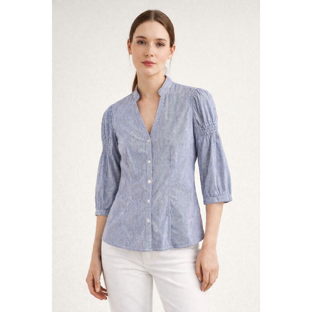 Zara Striped Blouse XS Blue White Smocked Sleeve Button Top